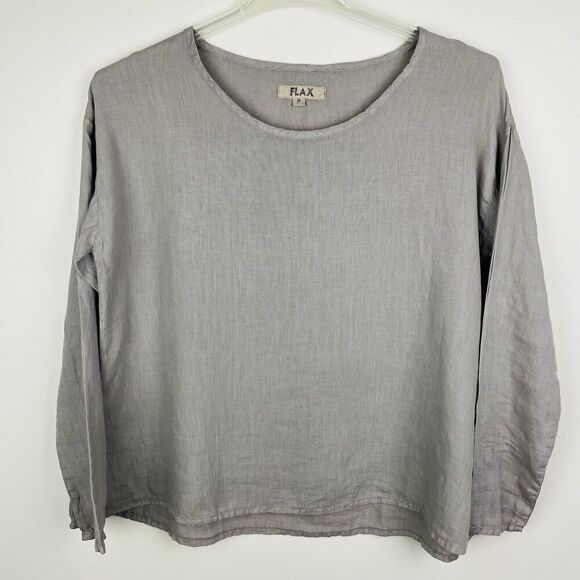 FLAX 100% Linen Scoop Neck Top Women's XS Gray Oversized Lagenlook Minimalist - Picture 1 of 9